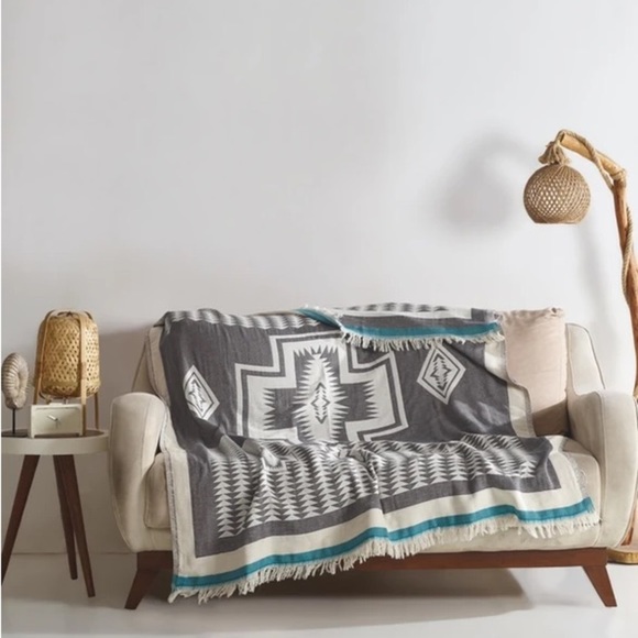 La Jolla SxSW Blanket Anthropologie Organic Cotton Natural Gray Turquoise 2 Side - Picture 10 of 10